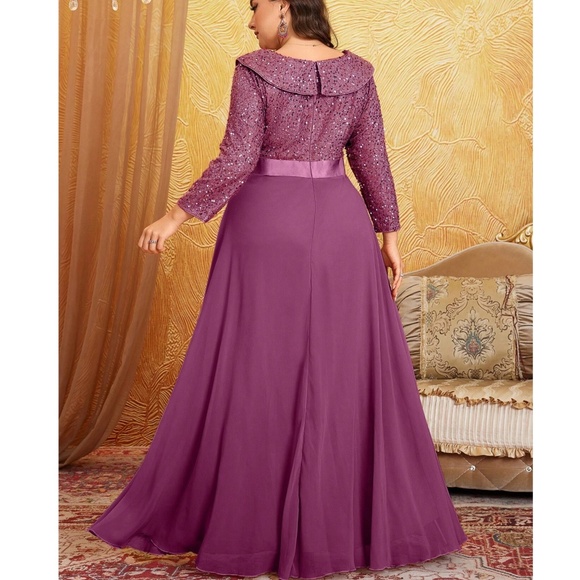 Plus Sequin V neck Party Evening Formal Wedding Flowy Dress - Picture 7 of 11